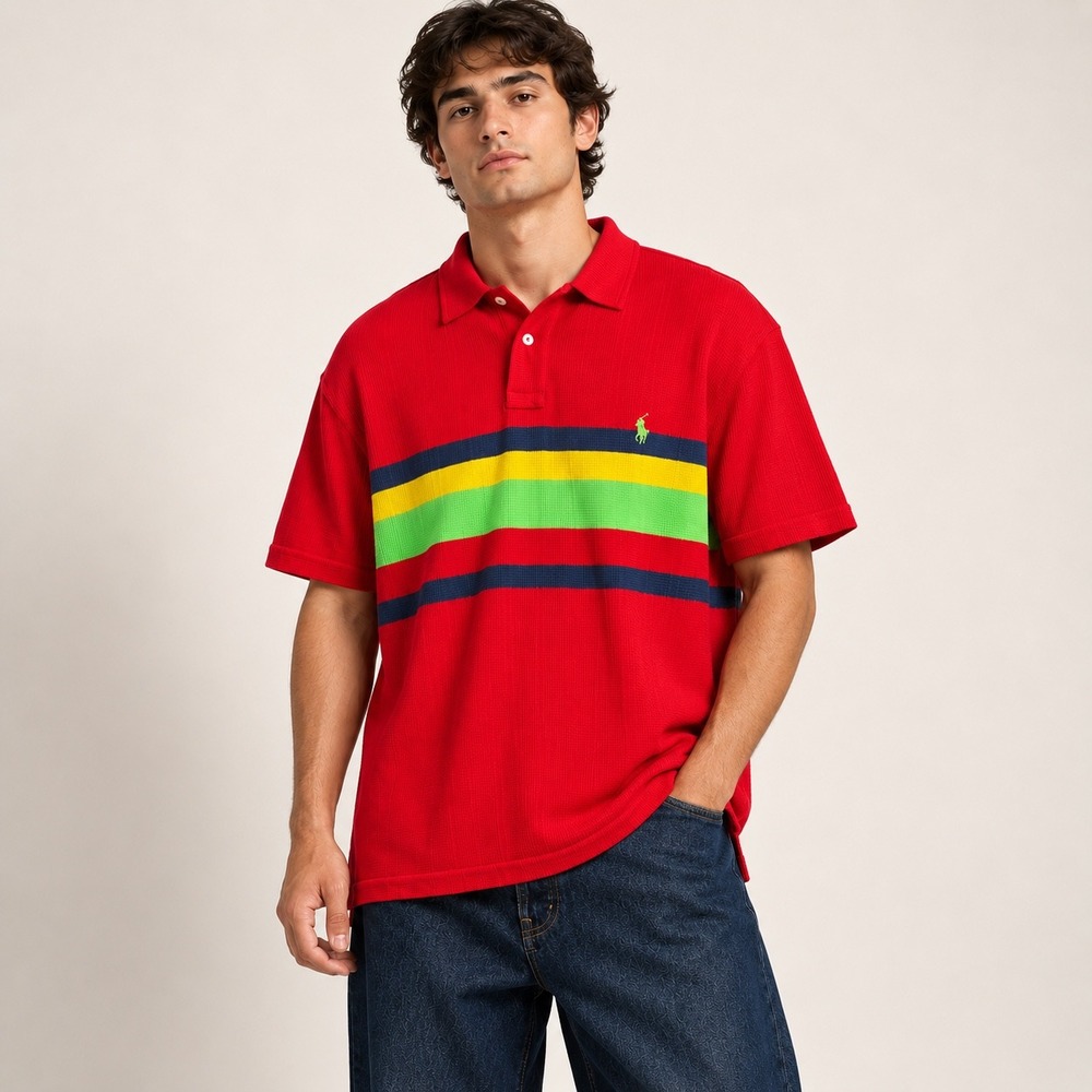 New Vintage 90s Polo Ralph Lauren Waffle Knit Mesh Striped Polo Shirt Red XL NWT